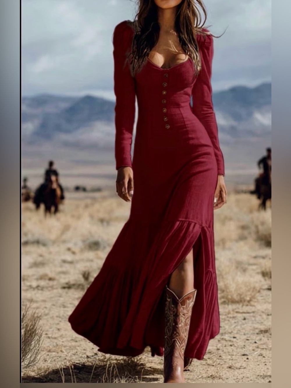 #1290 Long Red Side Split Dress
